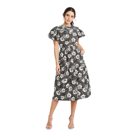 Who Wear What Spatter Camellia Blk/Wht Floral Midi Dress Size XS - Picture 1 of 9